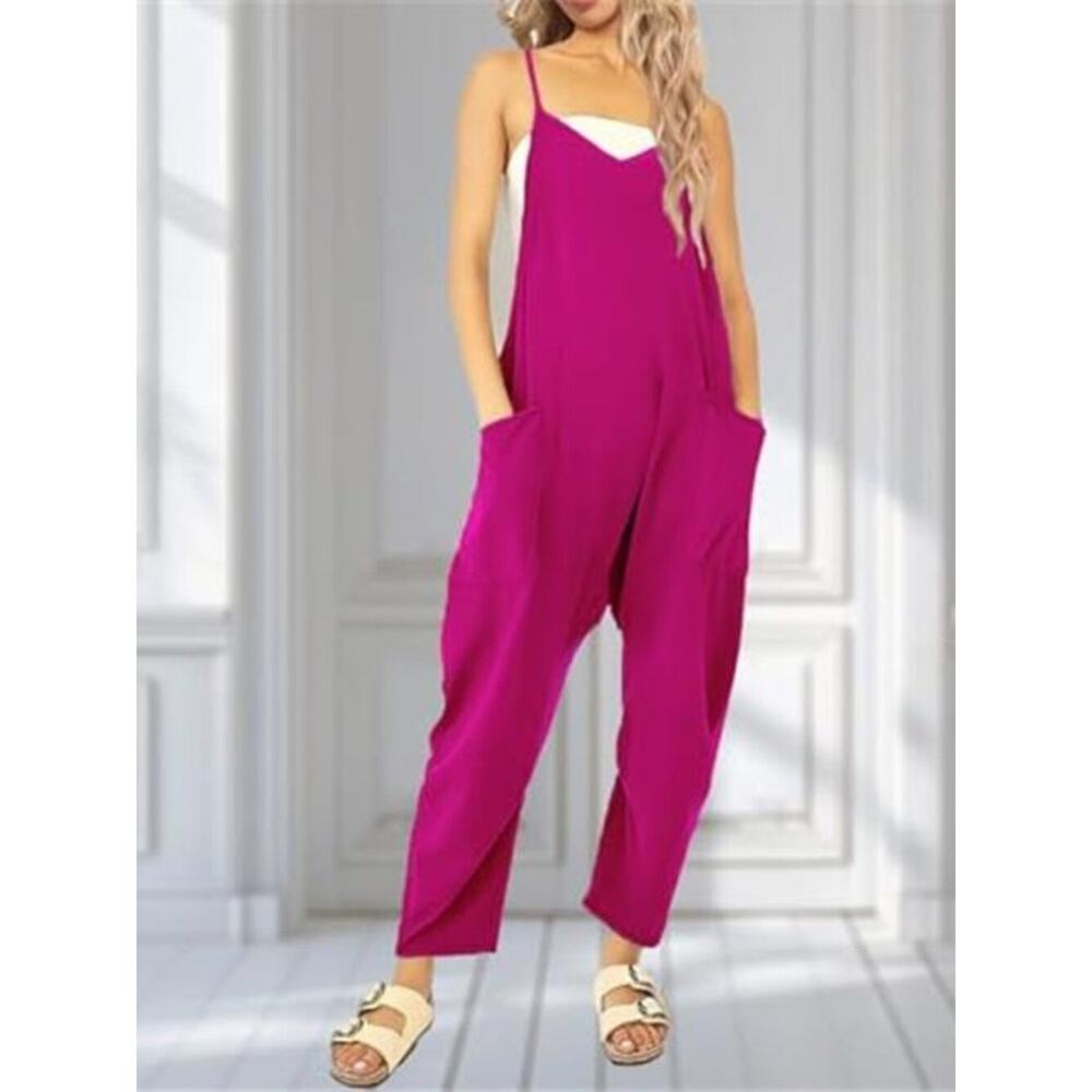 Casual Wide Leg Jumpsuit Baggy Sleeveless Romper Dark Pink Women With Pockets